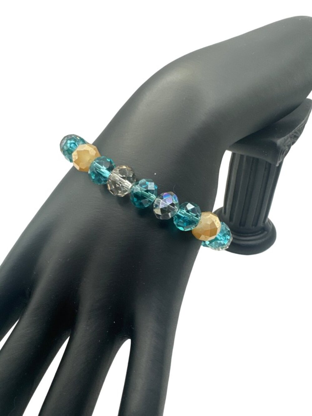 Handmade Beaded Stretch Bracelet With Blue Clear & Beige Faceted Beads